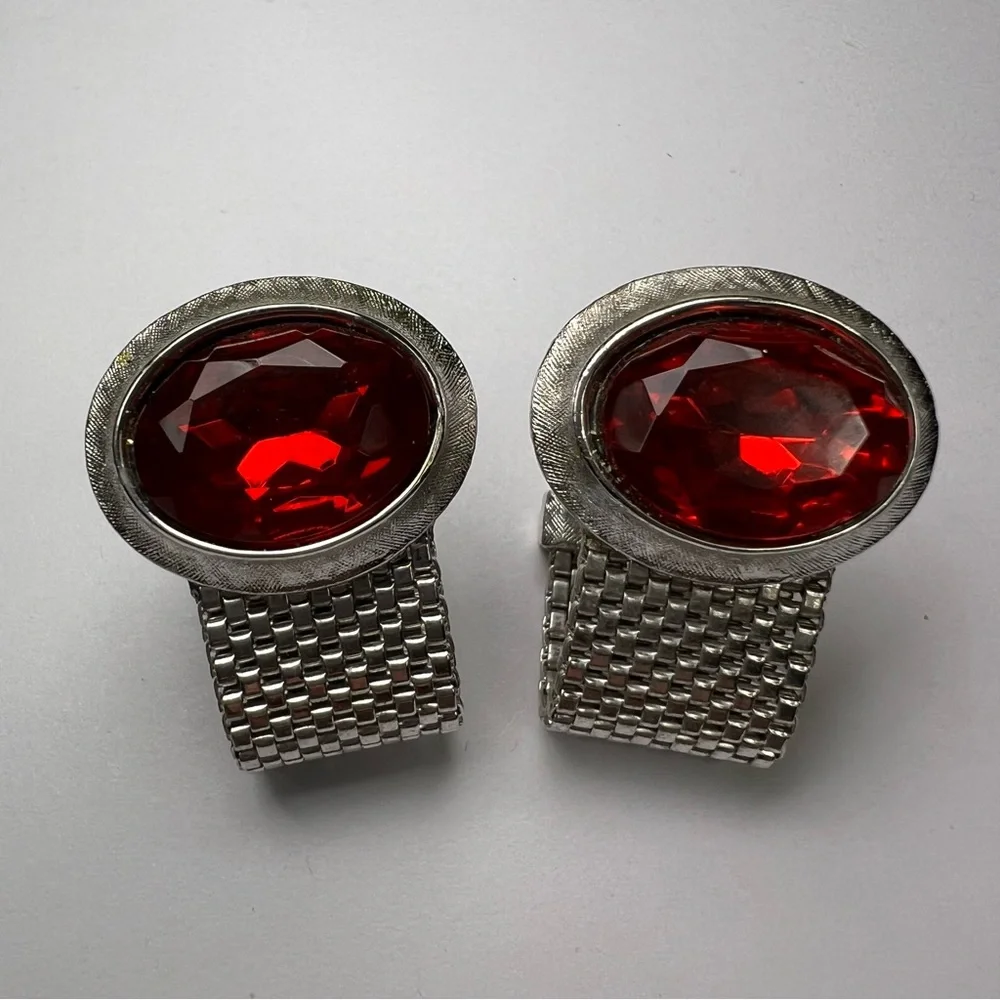Dante vintage cufflinks red rhinestone silver tone metal